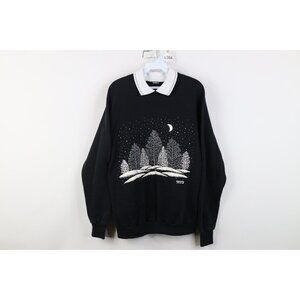 Vtg 90s Streetwear Womens M Snowy Night Tree Puff Paint Collared Sweatshirt USA